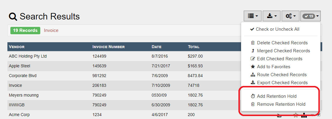 Search Screen Hold Functions