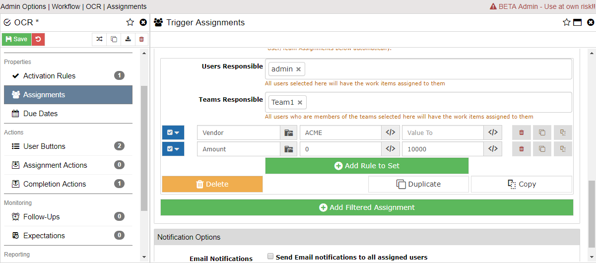 Workflow Filtered Assignments Admin Screen